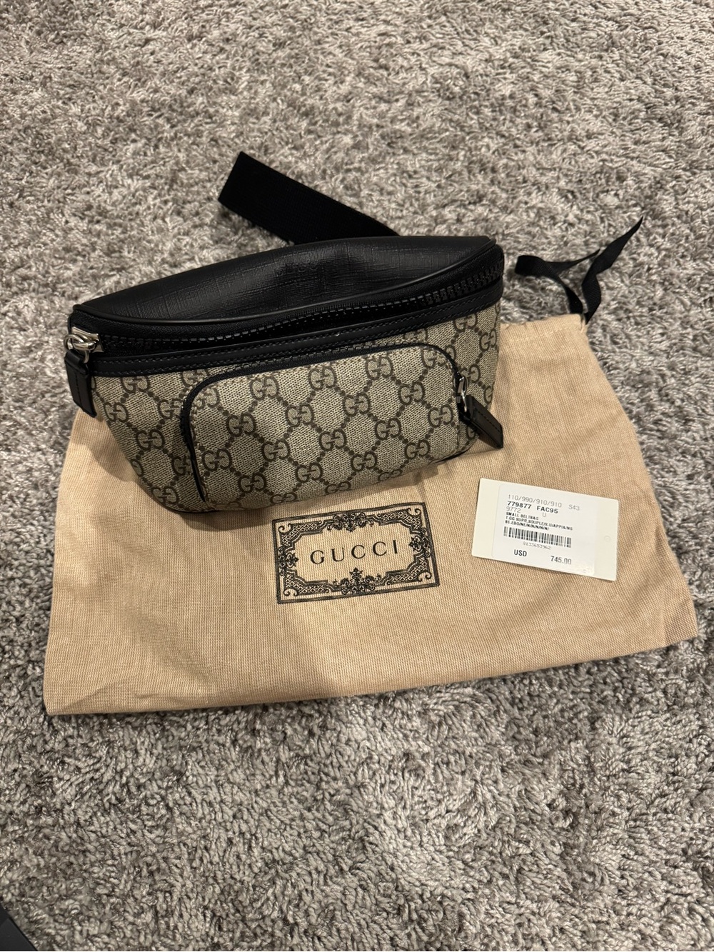 Gucci Beige GG Canvas Belt Bag with Black Leather Trim